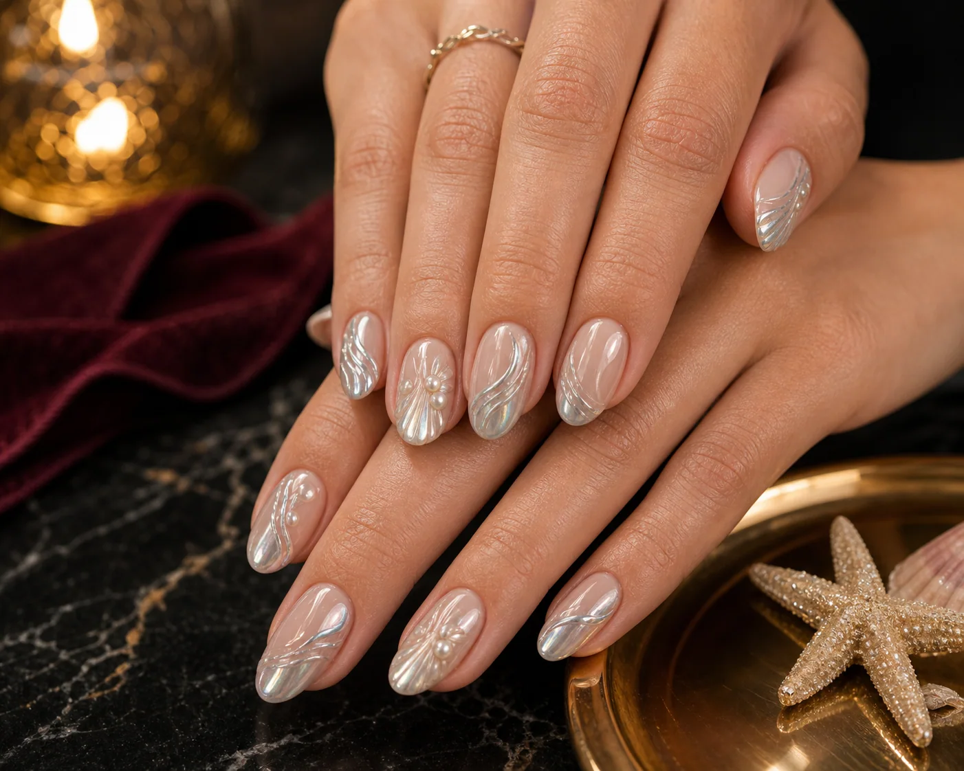 Coastal chrome gel nail design