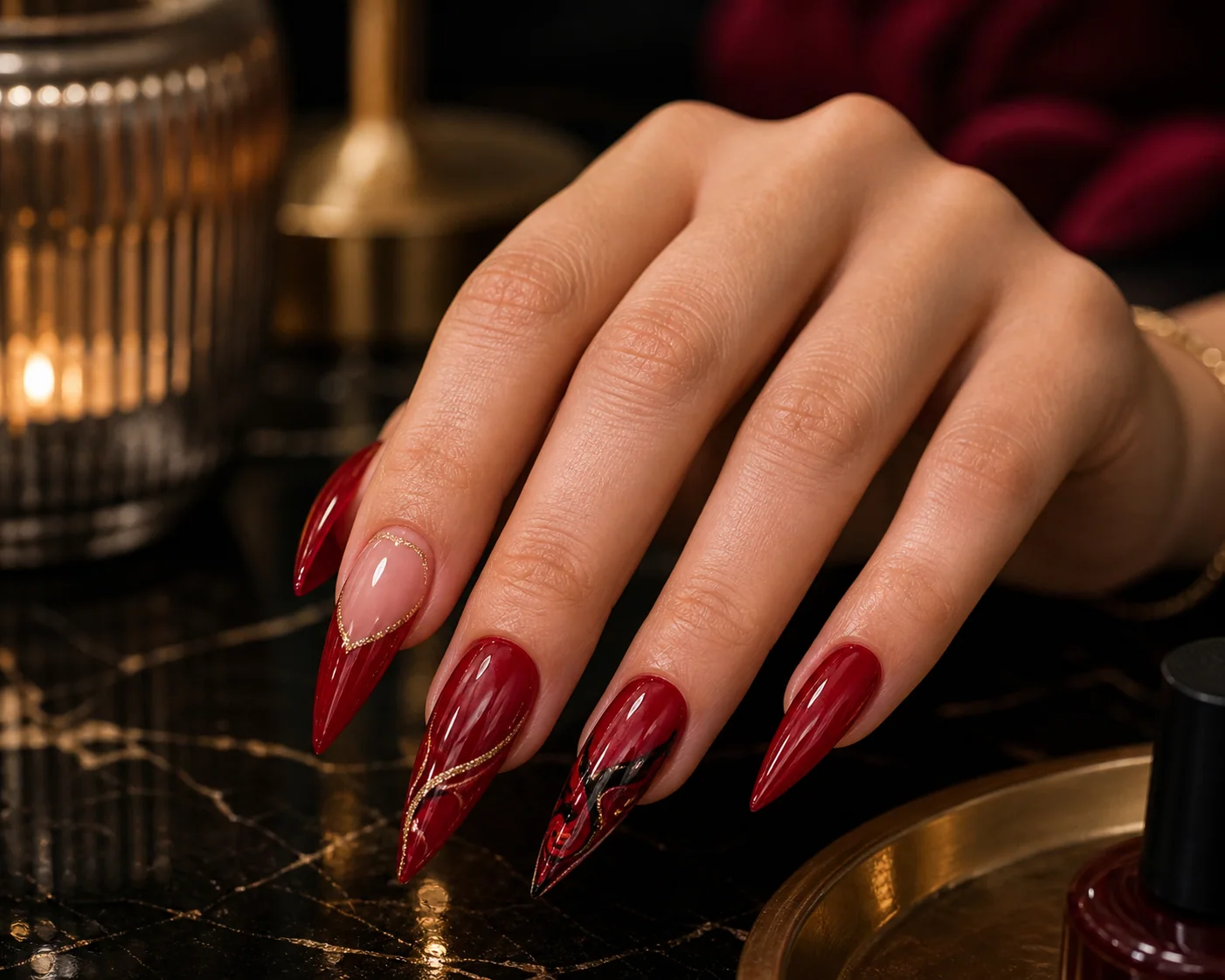 Red stiletto nail art by our Oceanside nail techs